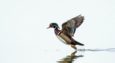 Obraz premium Vibrant Wood Duck in Flight Landing on Calm Water Wildlife Photography
