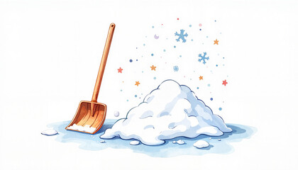 Snow shovel beside a snow mound with falling snowflakes