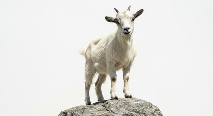 Obraz premium Adorable White Goat Kid Standing on a Rock Against a White Background