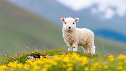 Obraz premium Lamb standing in yellow flowers, mountain background, spring