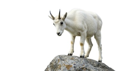 Naklejka premium Young Mountain Goat Kid Standing on a Rock Isolated on White Background