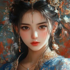 Fototapeta premium A captivating portrait of a young woman in traditional attire, featuring intricate details and vibrant colors, evoking a sense of elegance and beauty.