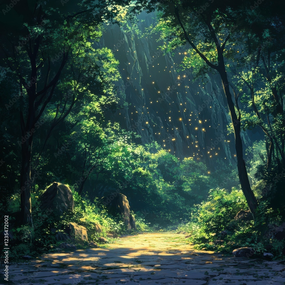 Poster A serene forest path illuminated by soft light, surrounded by lush greenery and scattered particles resembling glowing fireflies.