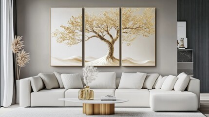 Elegant Living Room with Abstract Art and Cozy White Sofa