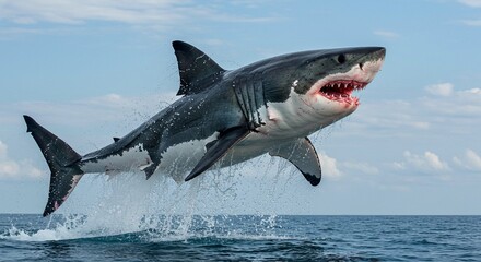 Fototapeta premium Majestic Great White Shark Breaching Ocean Surface Powerful Predator in Action