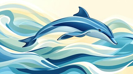 Obraz premium An abstract illustration of a dolphin surrounded by flowing waves, with ample copy space for text or branding.