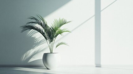 Obraz premium Potted palm plant in sunlit room, minimalist interior design, home decor