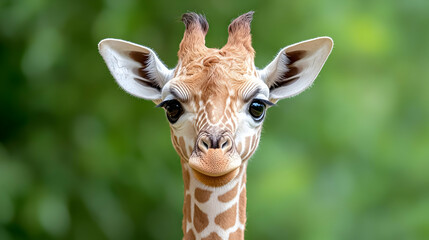 Obraz premium Baby giraffe portrait, wildlife park, green background, nature