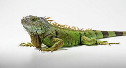 Vibrant Green Iguana Reptile Close up Studio Shot on White Background