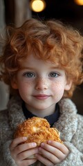 A young boy with red hair is holding a piece of bread. The boy has a greenish tint to his eyes and a smile on his face