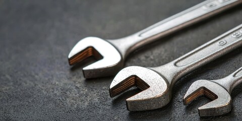 Metallic Adjustable Wrenches on Dark Background Surface