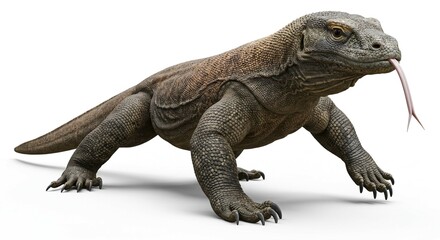 Obraz premium Powerful Komodo Dragon Reptile Walking Isolated on White Background