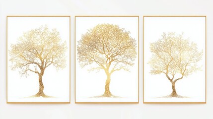 Elegant Gold Tree Illustrations in Three Artistic Framed Panels