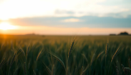 Obraz premium Golden wheat field at sunset, warm glow, rural landscape, hazy sky, low horizon, soft focus, dreamy atmosphere, pastoral scene, summer evening, nature photography, golden hour lighting, tranquil count