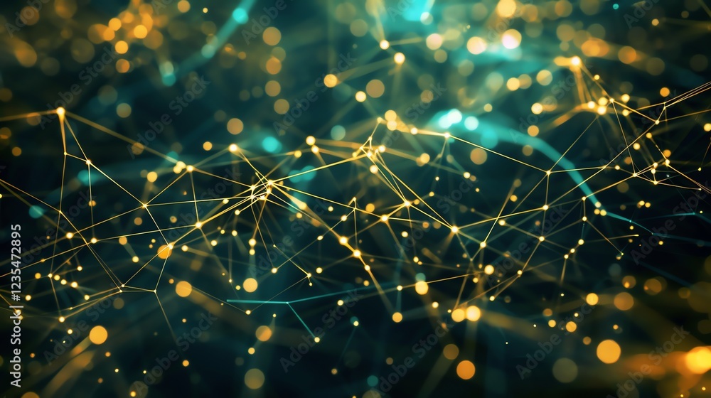 Poster abstract background with a glowing network of lines and points on a dark green background.