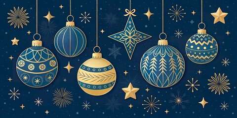 The image is a digital illustration of Christmas ornaments hanging from strings on a dark blue background with white snowflakes scattered around
