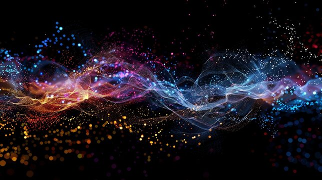 Abstract colorful wave of particles on a black background.