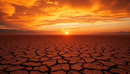 Fotobehang Cracked desert landscape, dramatic sunset sky, vibrant orange and teal colors, dry lakebed, parched earth, climate change concept, wide-angle view, extreme weather, environmental crisis, striking cont © Muhammad Hridoy