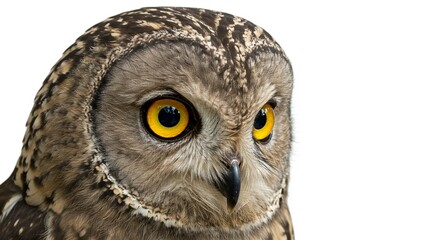 Majestic Close Up Portrait of a Powerful Brown Owl with Bright Yellow Eyes Isolated on White
