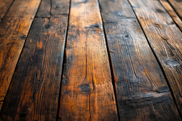 A naturally aged wooden plank table top with a warm, rustic tone, set against a softly blurred background with subtle light flares and neutral gradients. 