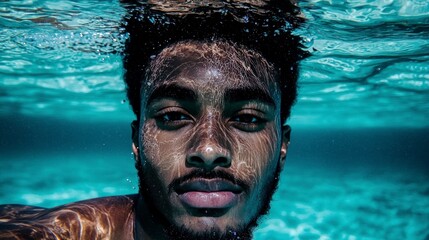 Fototapeta premium Underwater Man Portrait Serenity Black Man Swimming Water Close up Face Ocean Teal