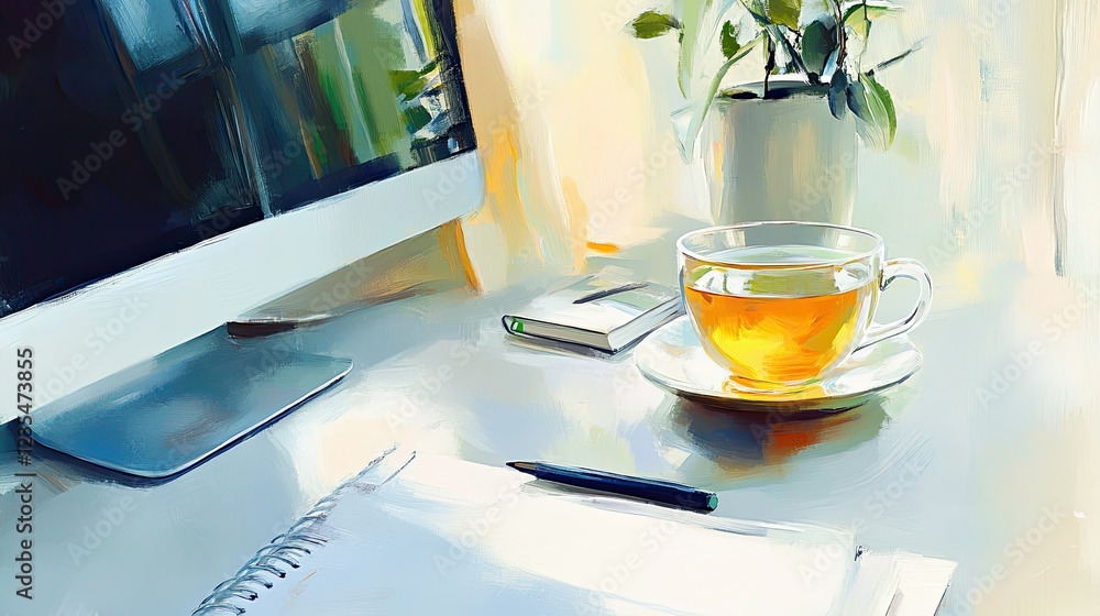 Poster comfortable workspace layout with a modern computer, green tea, and a notepad on a light desk with g