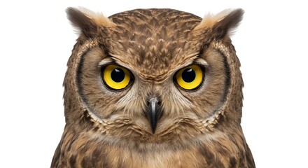 Naklejka premium Close up Portrait of a Majestic Brown Owl with Bright Yellow Eyes Isolated on White Background