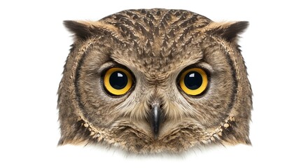 Fototapeta premium Majestic Owl Portrait Close up of a Brown Owl s Face with Intense Yellow Eyes on White Background