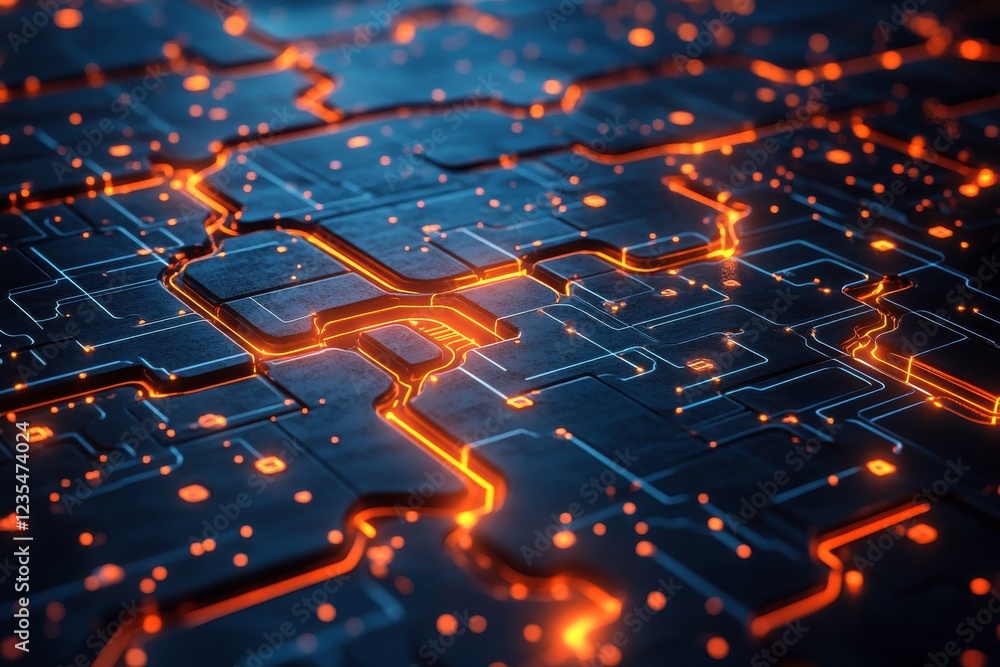 Poster a vibrant, abstract representation of a digital circuit board with glowing orange lines and nodes, c