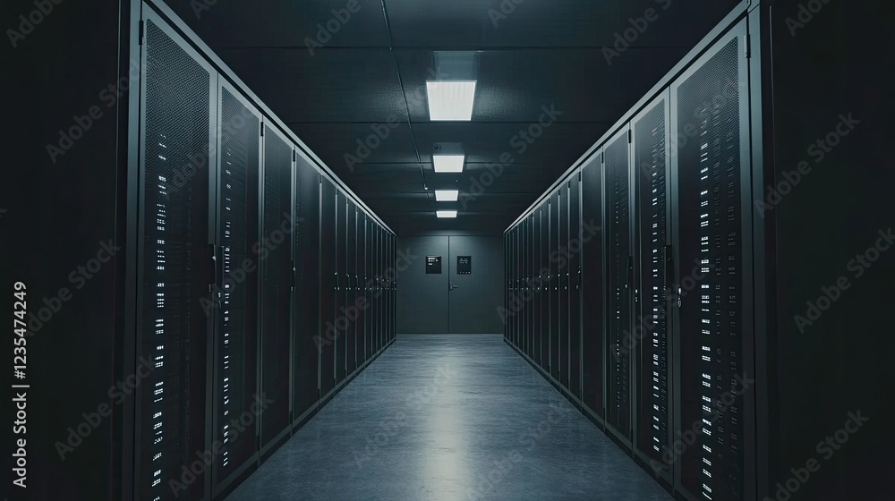 Poster dark data center corridor with server racks and led lights