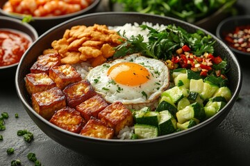 Delicious tofu, egg, and veggie rice bowl