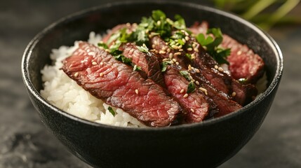 Fototapeta premium Delicious Beef Steak Slices on Rice with Fresh Herbs and Garnish