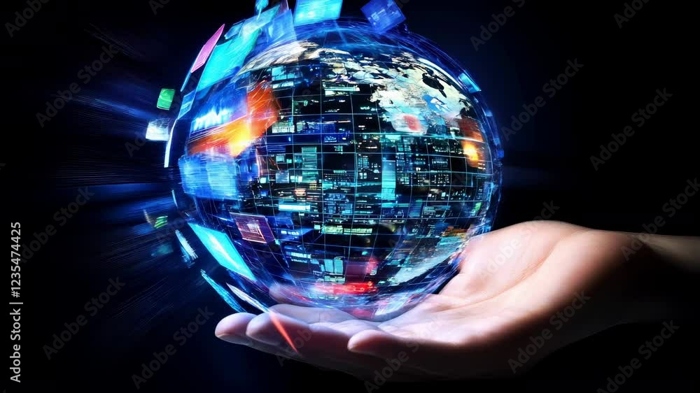 Poster glowing digital globe with futuristic multimedia technology and innovative data streams