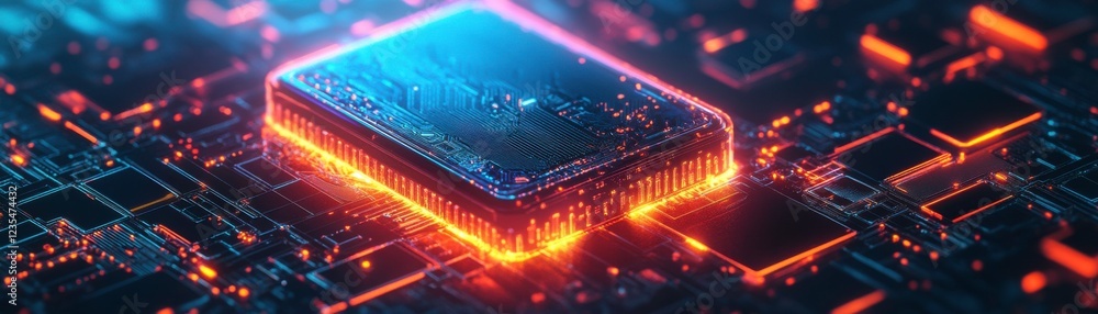 Poster a vibrant, futuristic close-up of a microchip illuminated with neon lights, showcasing its intricate