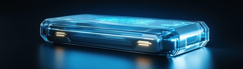 A sleek, futuristic device glows with blue light against a dark background, suggesting advanced technology and innovation.