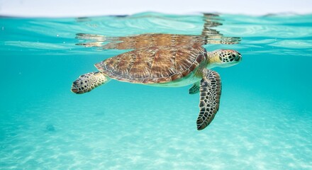 Obraz premium Green Sea Turtle Underwater in Crystal Clear Tropical Ocean Water