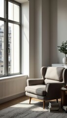 Fototapeta premium Cozy modern living room with armchair by bright window and potted plant