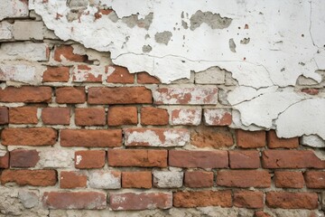 Old red brick wall surface with crumbling white plaster. background with space for design. Web banner. Wide. Long. Panoramic. Website header.
