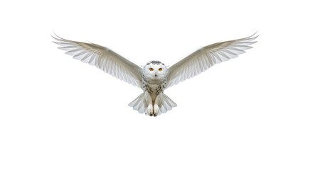 Obraz premium Majestic Snowy Owl in Flight Wings Spread Wide Isolated on White Background