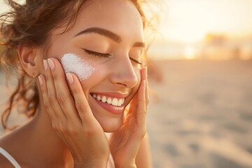 Happy woman applying sunscreen protection on her face at beach during sunset
