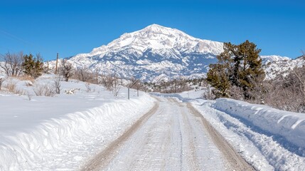 Snowy mountain road, winter landscape, clear sky, travel postcard
