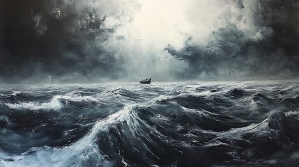 Obraz premium A dramatic seascape depicting turbulent waves and a solitary boat under a stormy sky.