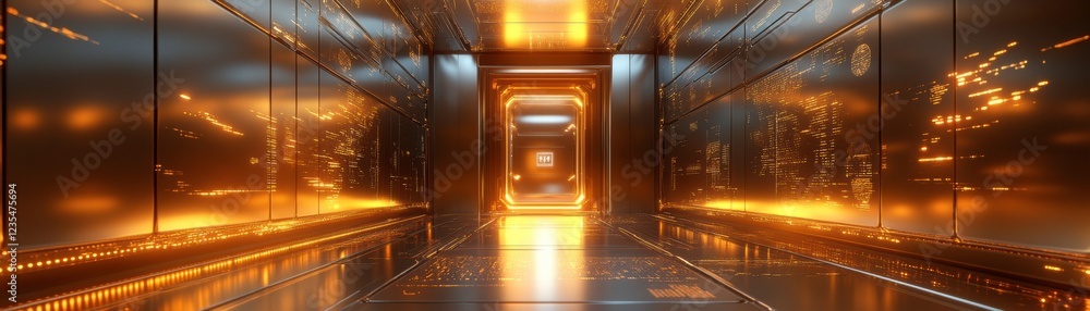 Poster a futuristic corridor illuminated with warm lights, featuring glossy surfaces that create a reflecti