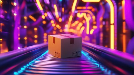 Cardboard box on futuristic conveyor belt in neon-lit warehouse.