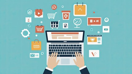 E-commerce and online sale concept featuring hands typing on a laptop, with floating icons for digital marketing strategies.