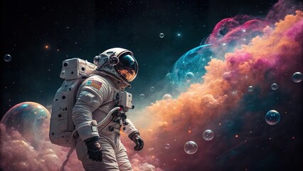 The image shows an astronaut walking towards a colorful nebula. 