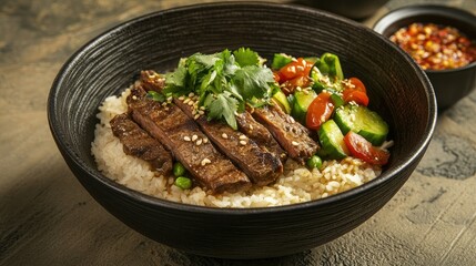 Delicious Bowl of Rice Topped with Tender Steak and Fresh Vegetables