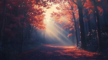 A serene forest path illuminated by soft sunlight through vibrant autumn leaves.