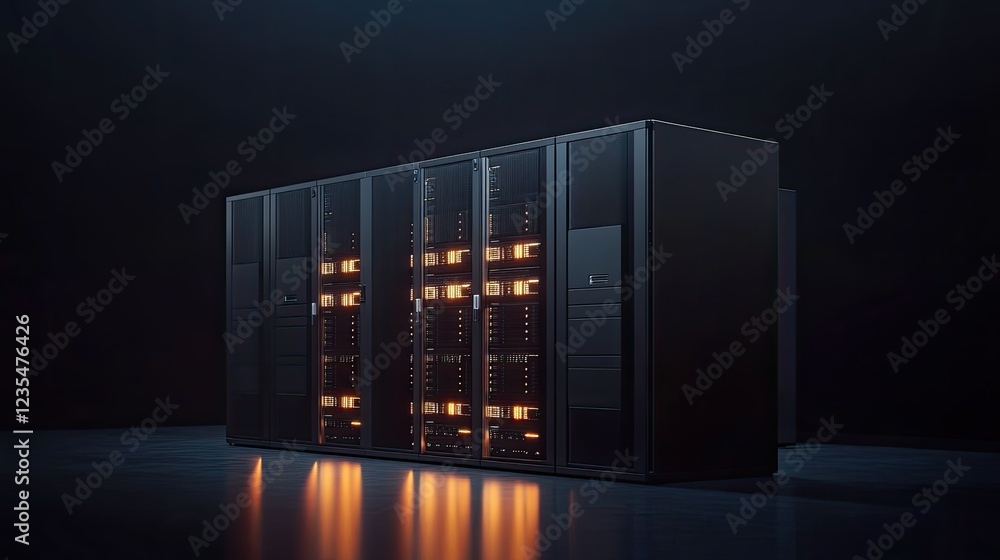Poster high-tech server rack in data center with illuminated components