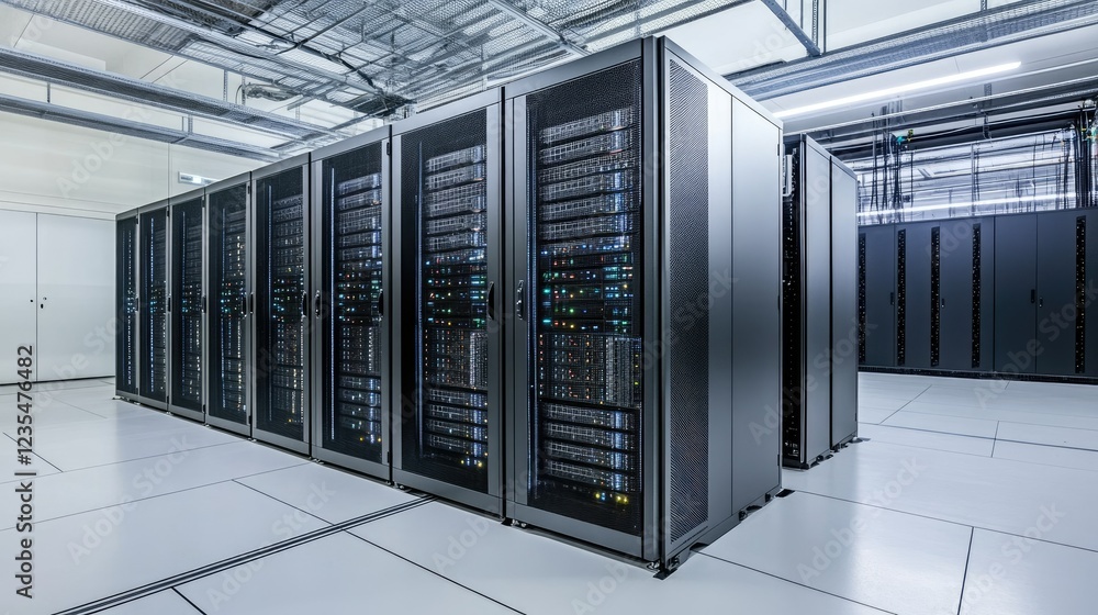 Poster modern data center with rows of server racks and high technology